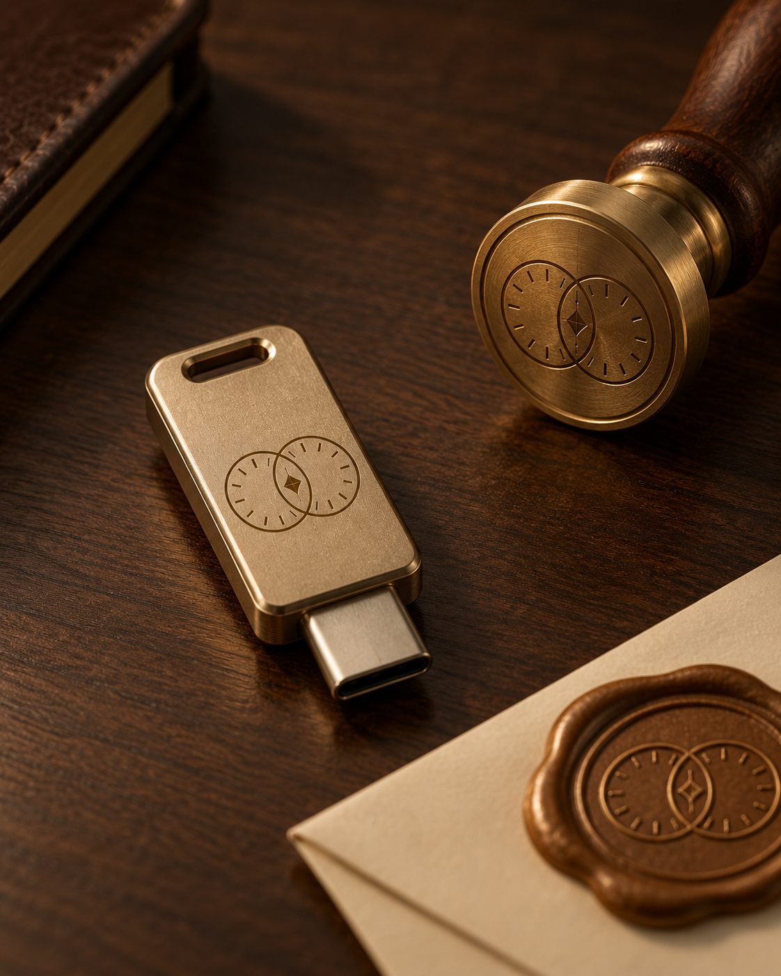 A Signetline hardware token engraved with the signet mark, beside a wax seal stamp bearing the same emblem