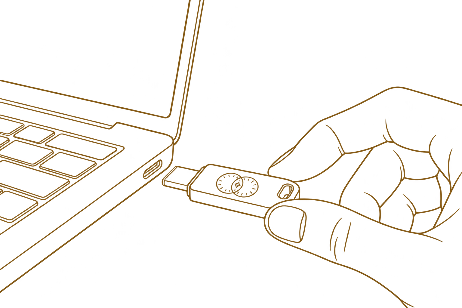 A hand plugging a Signetline token into a laptop's USB-C port