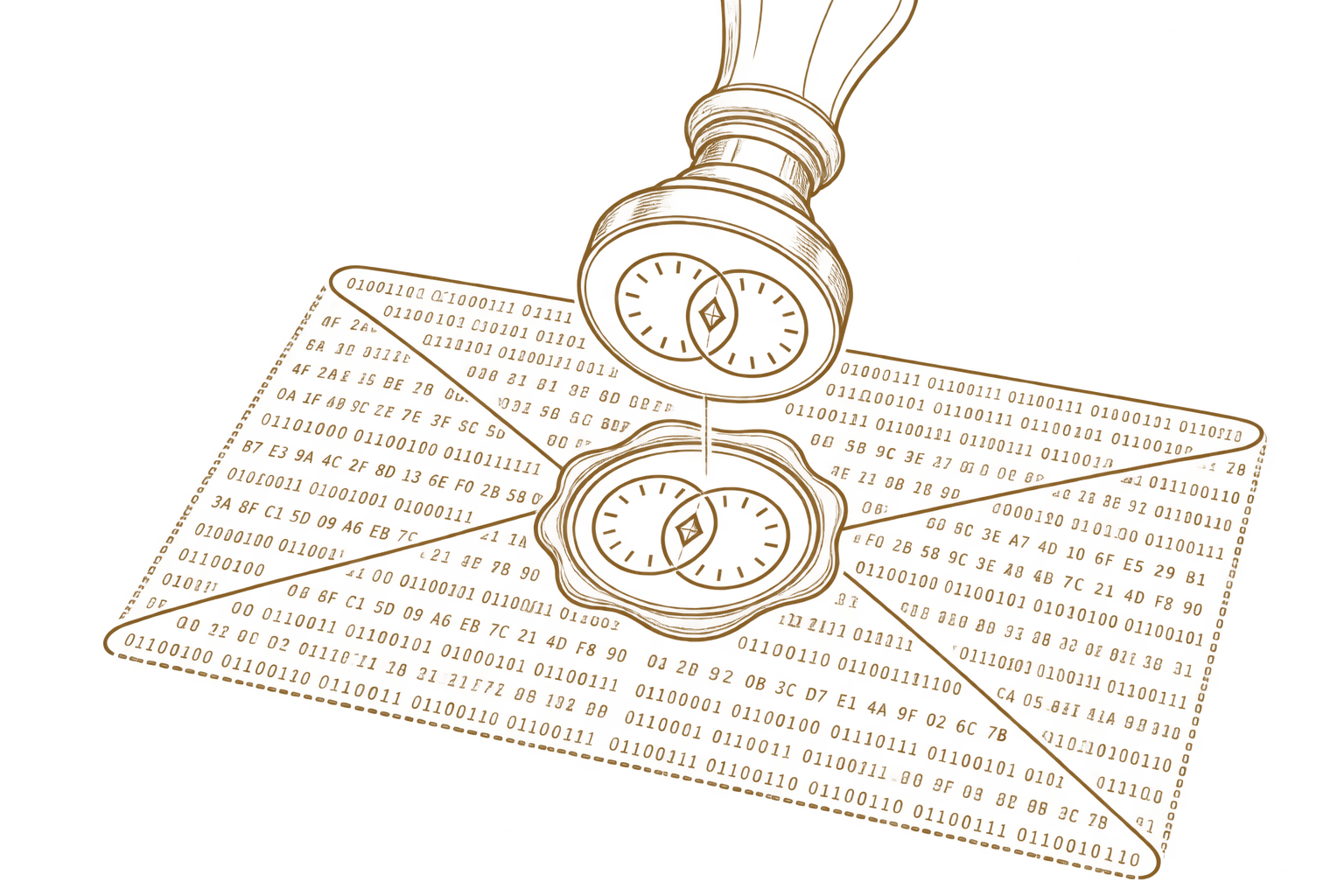 A wax seal stamp pressing down onto a message written in binary
